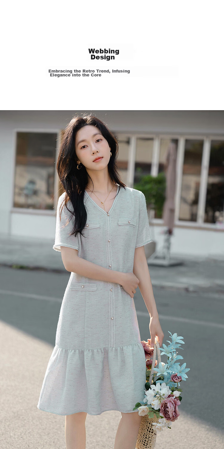 Demana Urban Socialite Summer Tweed V-Neck Fake Pocket Ribbon Slimming Concealing Dress for Women Premium 7