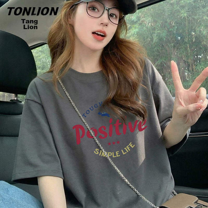 TonLion Cotton Short Sleeve T-Shirt for Women Summer New Loose Slim Fit Base Layer Half Sleeve Trendy Letter Design Top