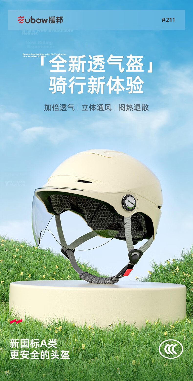 YUANBANG Helmet Electric Vehicle 3C Certified New National Standard Class A Electric Motorcycle Half Helmet Unisex Summer Breathable Safety Helmet Four Seasons Universal Off-White with Ventilation Len 1