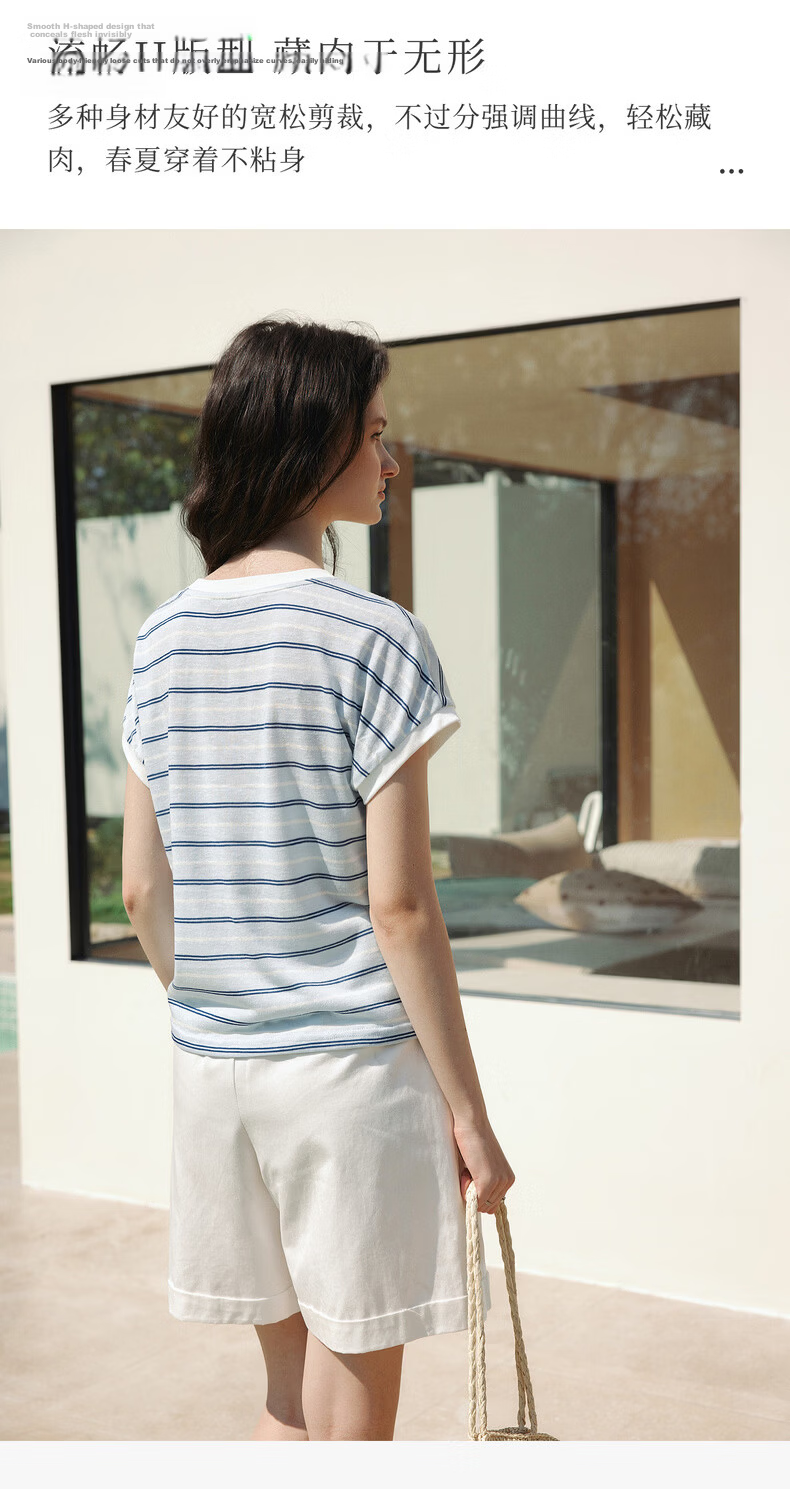 Olrain Summer New Blue and White Color Block Striped Loose Casual Commuting Short Sleeve T-Shirt for Women Striped L 5