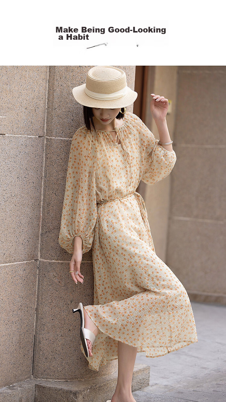 Demana [Flowers and Poetry] Spring Elegant Style Bubble Plaid Chiffon Printed Loose Slimming Dress for Women High-End Feel 1