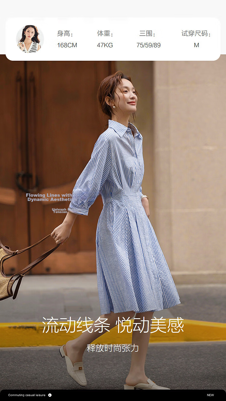 Demana [Lyocell Cotton Blend] Spring Smart Commuter Striped Embroidered Half-Sleeve Waist-Cinched A-Line Women's Dress 9
