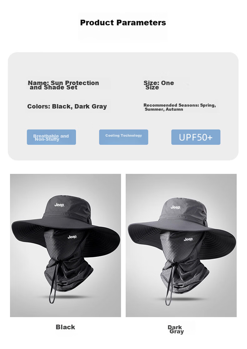 JEEP Men's Summer Sun Protection Fisherman Hat Large Head Circumference Breathable Neck Guard UV Protection Wide Brim Sun Hat 9