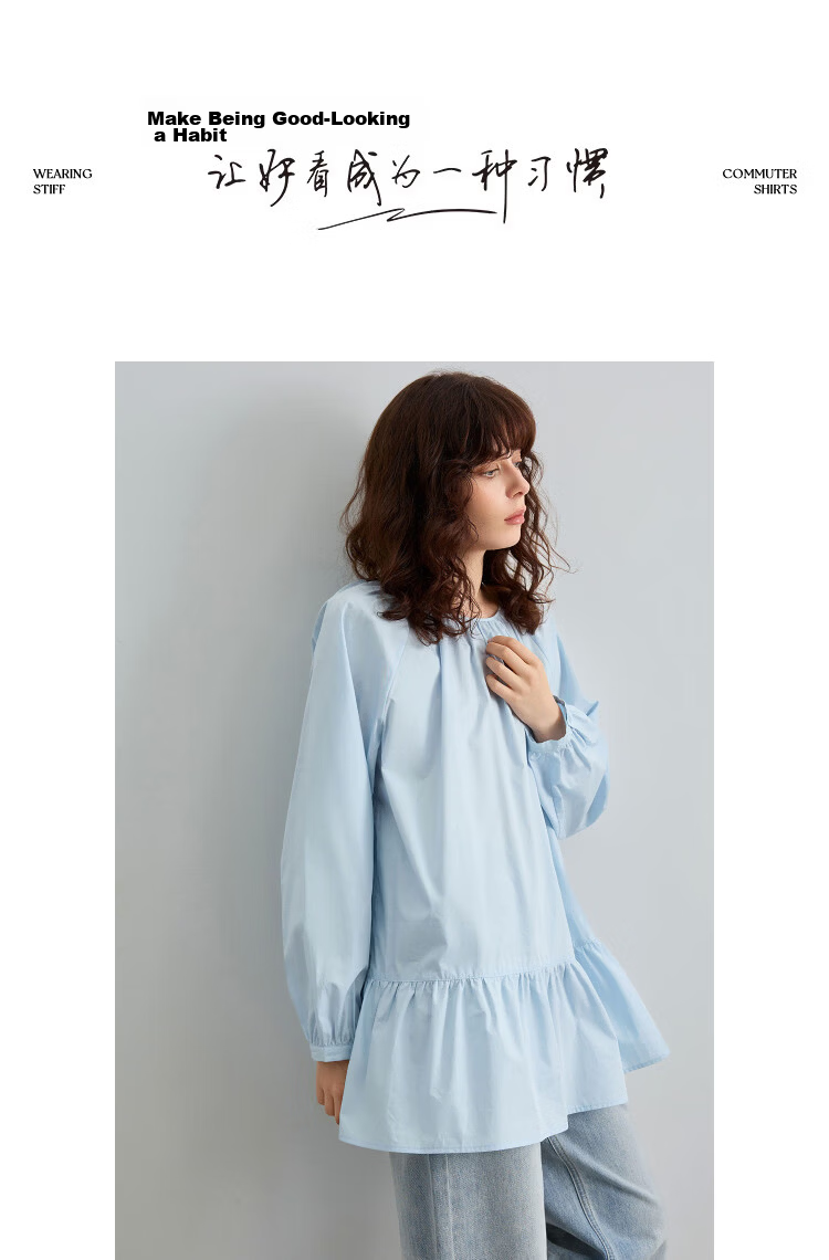 Demana [Pure Cotton Poplin] Spring Elegant Round Neck Mid-Length Doll Shirt Loose Small Size Blouse for Women 16