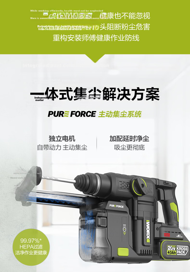 WORX 20V Cordless Lithium Battery Hammer Drill WU391.9 (Bare Tool) Rechargeable Impact Drill Concrete Electric Tool 4