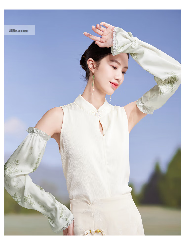 Shanghai Story Women's Silk Sun Protection Ice Sleeves Spring Summer 100% Mulberry Silk Satin Printed Loose Retro Sunshade Arm Sleeves Valentine's Day Gift 10