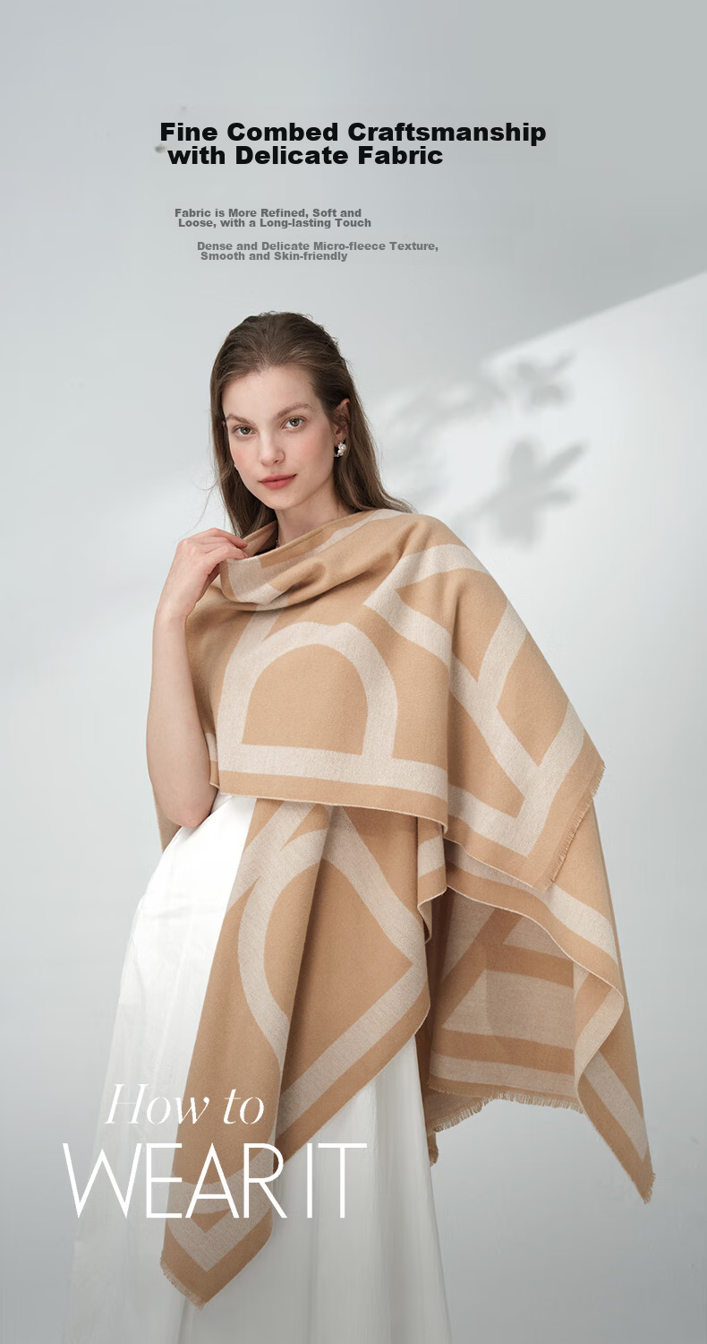 ELLE Women's Shawl French Elegant Temperament Jacquard Scarf for Air-conditioned Rooms Four Seasons Gift for Mom Camel Color 10
