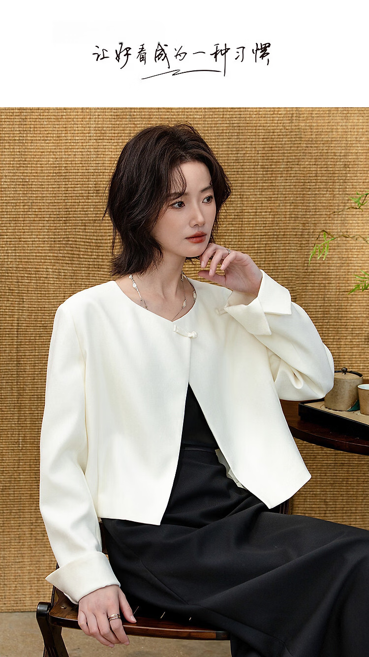Demana Cream Mousse Spring Gentle Atmosphere Asymmetric Collar Button Design Short Petite Women's Jacket 1