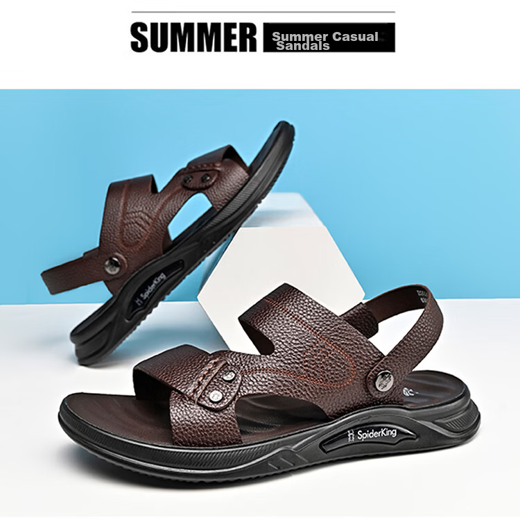 Spider King 2026 Summer New Men's Beach Sandals Genuine Leather Soft Sole Dual-Wear Slippers for Middle-aged and Elderly Dads Black Size 39 16