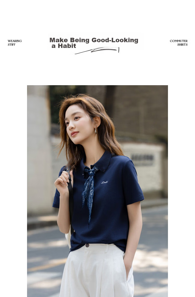Demana [Refreshing Cloud Oxygen Cotton] Summer Pique Mesh Polo Collar Ribbon Embroidered Slim Fit T-Shirt for Women Premium Feel 13