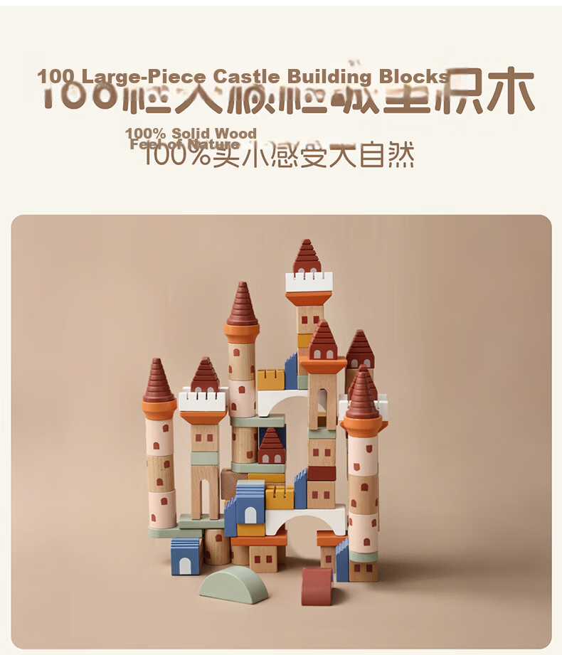 Fegani Solid Wood Creative Castle Building Blocks Gift Box Children's Assembly Construction Educational Toy Large Particles Birthday Gift for Boys and Girls 9