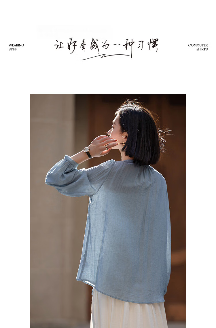 Demana [With Linen] Spring Sweet Style Ribbon Butterfly Shell Puff Sleeve Loose Fit Petite Women's Shirt 13