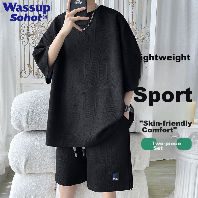 Wassup Sohot Ice Silk Short Sleeve T-Shirt Men's Set New Summer Large Size Loose Half Sleeve Shorts Two-Piece Set Apricot 3XL