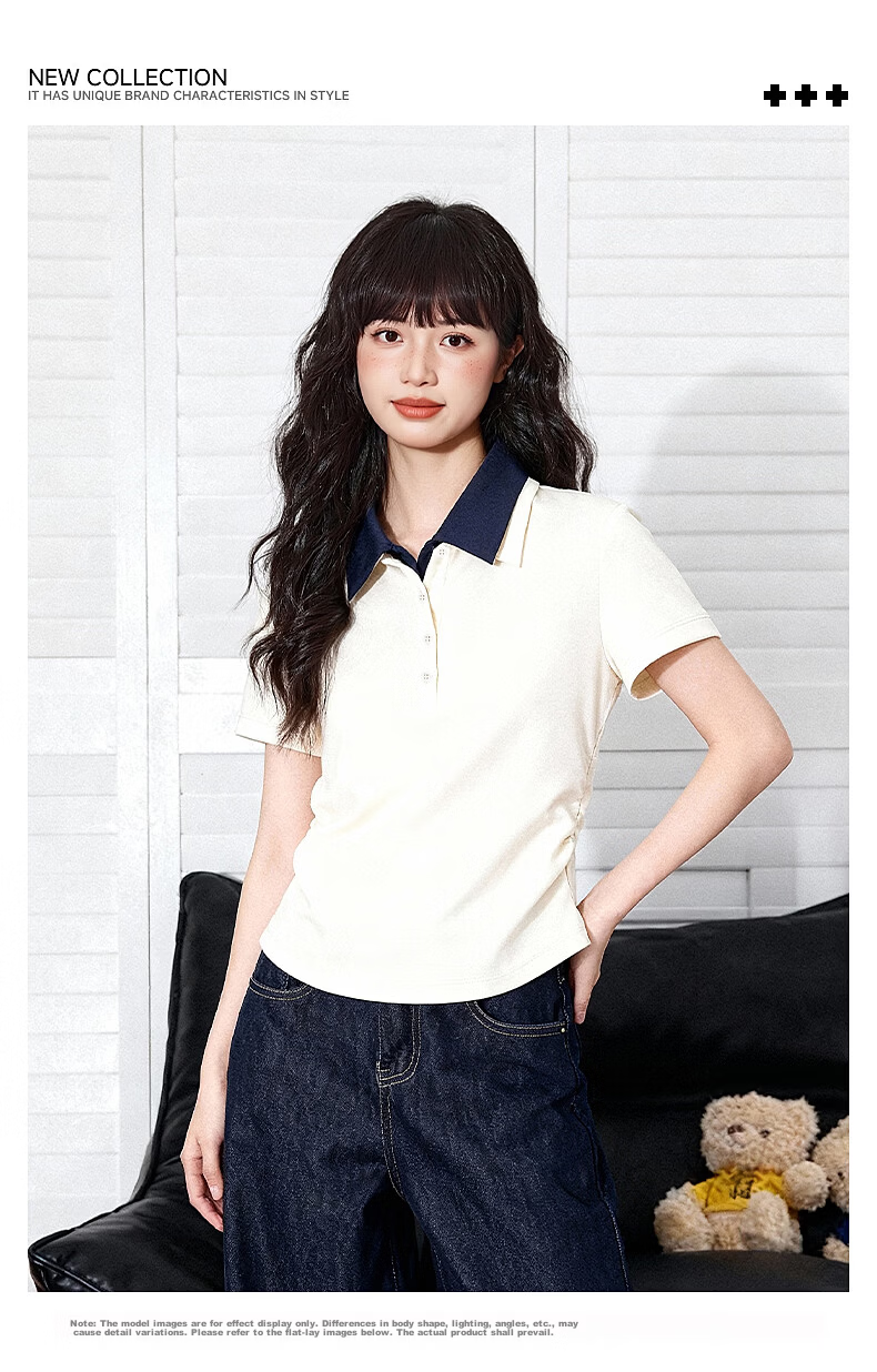TonLion Women's Short Sleeve T-Shirt Polo Collar Slim Fit Crop Top 2026 Summer New College Style 2