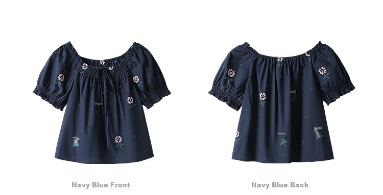INMAN 100% Xinjiang Cotton French Square Neck Embroidered Shirt 2026 Summer Women's New Off-Shoulder Top Navy Blue S 20