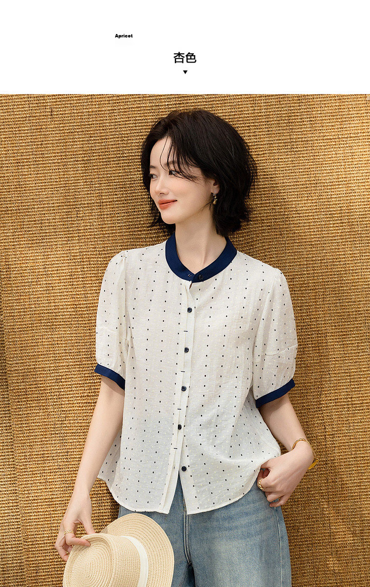 Demana Oxygen Linen Summer Fresh Plaid Color-Block Stand Collar Short Sleeve Loose Slim Women's Shirt 9