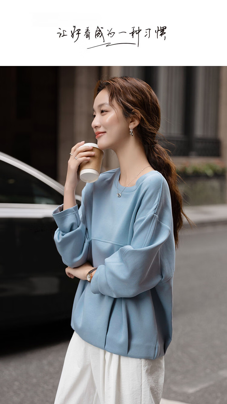 Demana Soft Air Layer Spring Elegant Crew Neck Design Segmented Pleated Wide Shoulder Petite Women's Sweatshirt 1