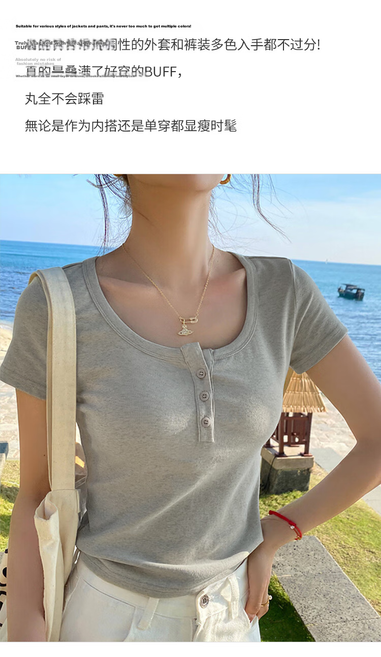 Ordifen 10A Antibacterial Women's Base Shirt 91% Cotton U-Neck Shoulder Short Sleeve T-Shirt Spring Summer Button Slim Fit Inner Wear Black XL 7