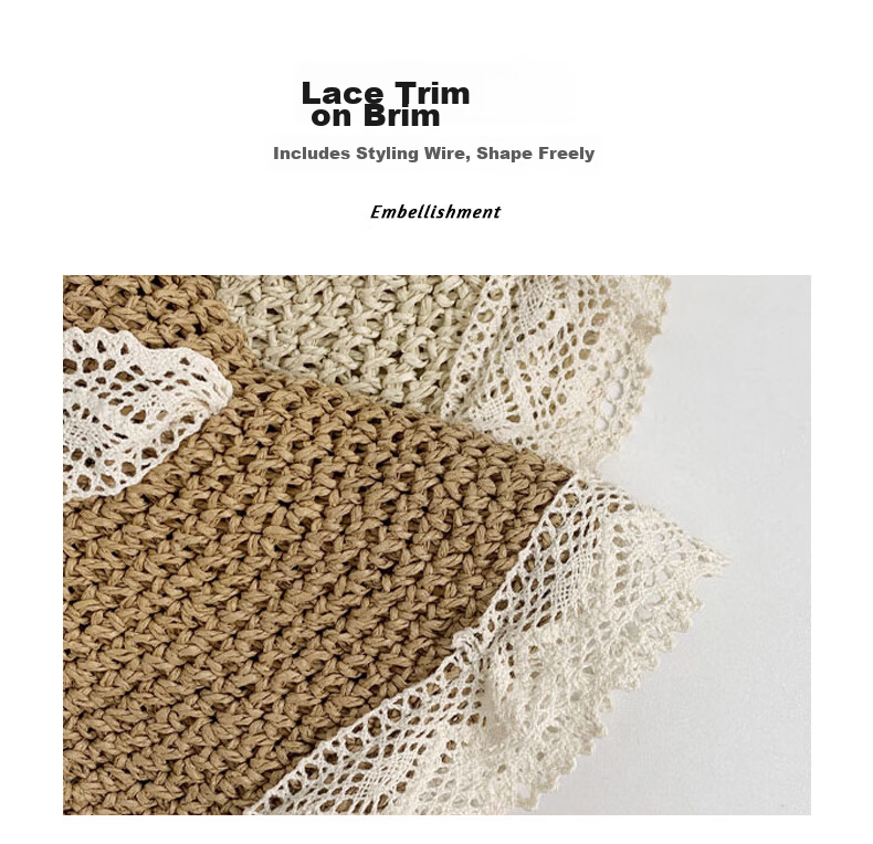 FitonTon Women's Summer Sun Hat Beach Outdoor Straw Hat Korean Style Travel Sun Hat with Tie Hollow Lace Edge Straw Braided Hat 13