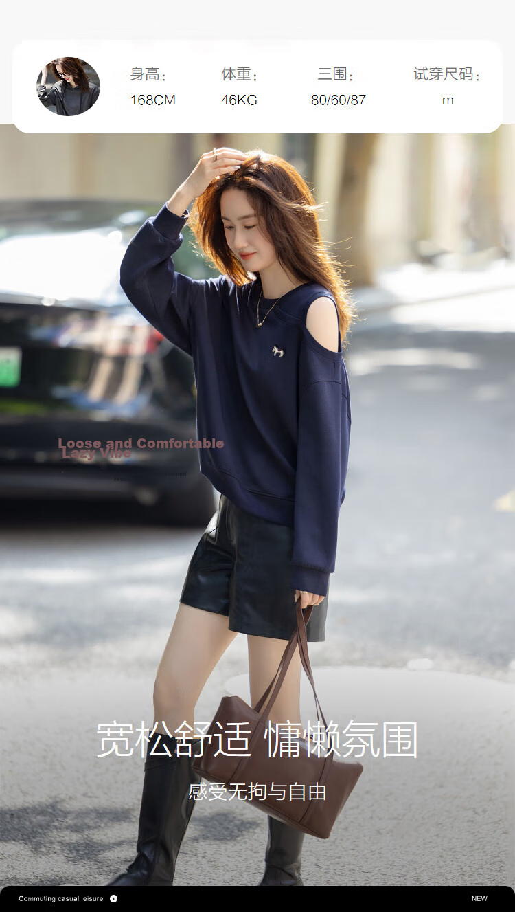 Demana [Relaxed Life] Autumn Simple Style Cloud Oxygen Cotton Off-Shoulder Embroidered Loose Fit Petite Elegant Sweatshirt for Women 10