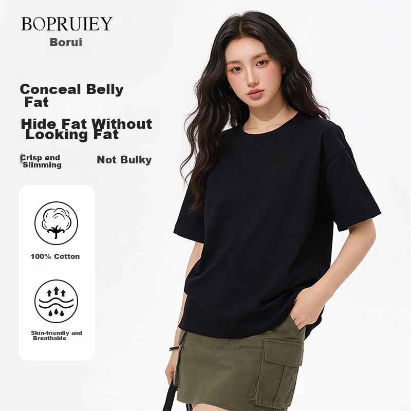 Borui Pure Cotton Short Sleeve Women's 2026 New Casual Loose Thin Base T-Shirt Top