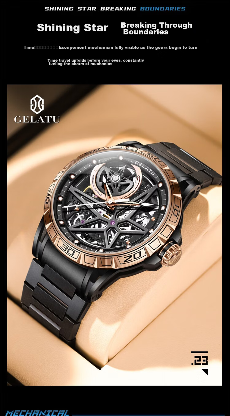 GELATU Men's Automatic Skeleton Mechanical Watch Waterproof Luminous Luxury Fashion Trendy Wristwatch 12