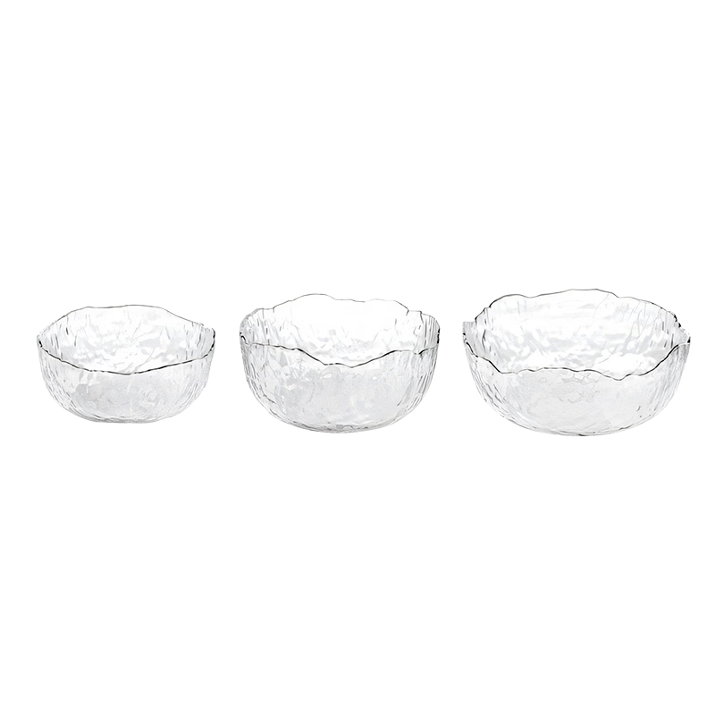 CLITON Japanese Style Glass Salad Bowl Set Hammered Transparent Glass Bowls Large Vegetable Fruit Dessert Bowls 3-Piece Set