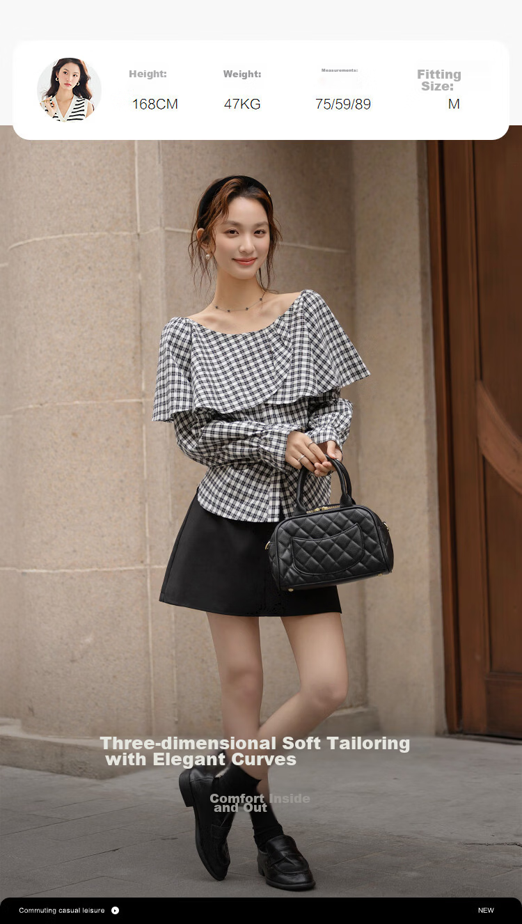 Demana [Cloud Soft Cotton Blend] Spring Off-Shoulder Ruffle Side Ruched Plaid Petite Women's Shirt 8