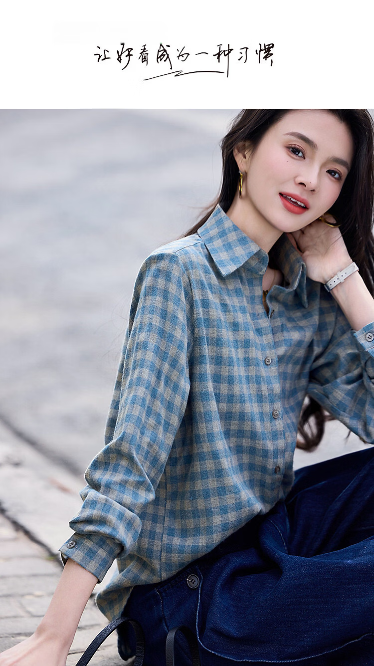 Demana Pure Cotton Brushed Vintage Plaid Lapel Thick Loose Slim Fit Petite Shirt for Women Spring 1
