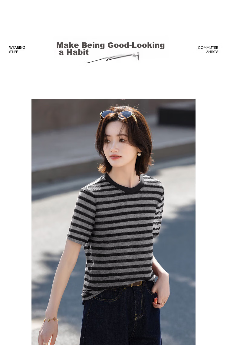 Demana "Piano Overture" Summer Retro Colorblock Round Neck Short Sleeve Stretch Slimming T-Shirt for Women High-End Feel 13