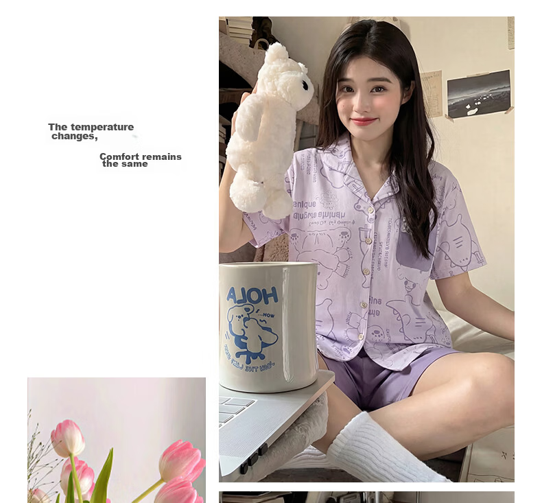 Yiershuang 100% Cotton Women's Summer Thin Short Sleeve Short Pants Pajama Set Cute Cartoon Homewear 8