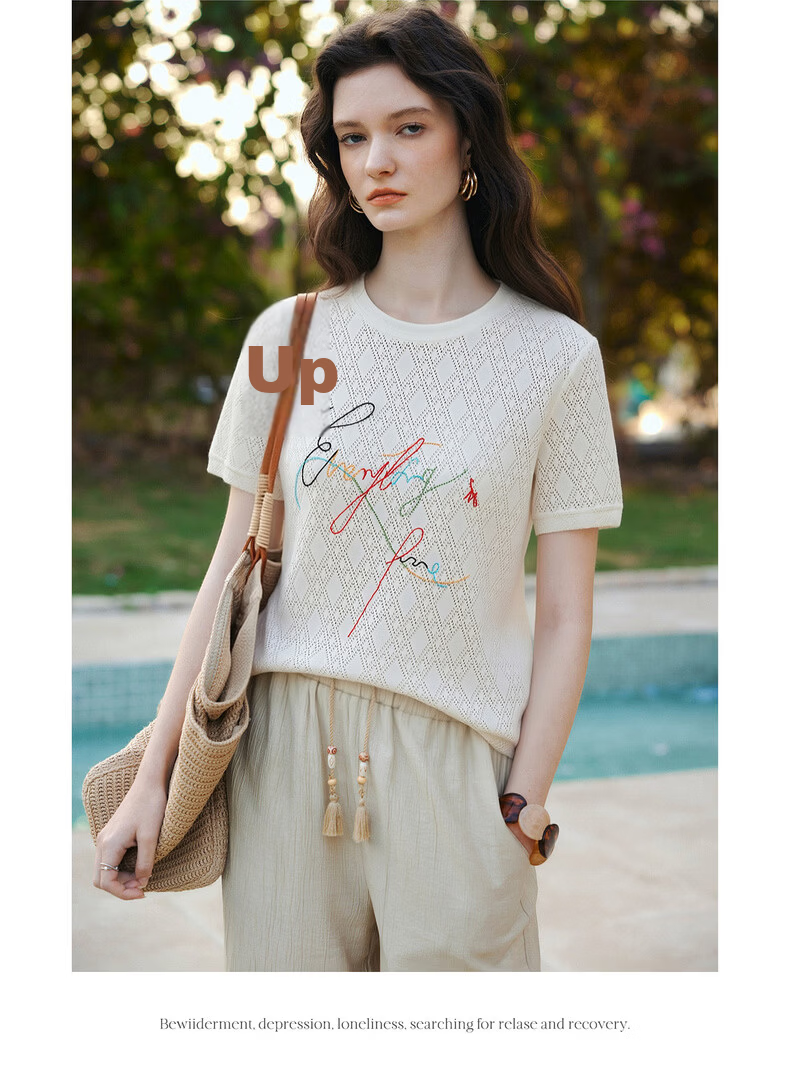 Olrain Summer New Round Neck Textured Hollow Jacquard Embroidered Short Sleeve Knit T-Shirt Women Off-White M 13