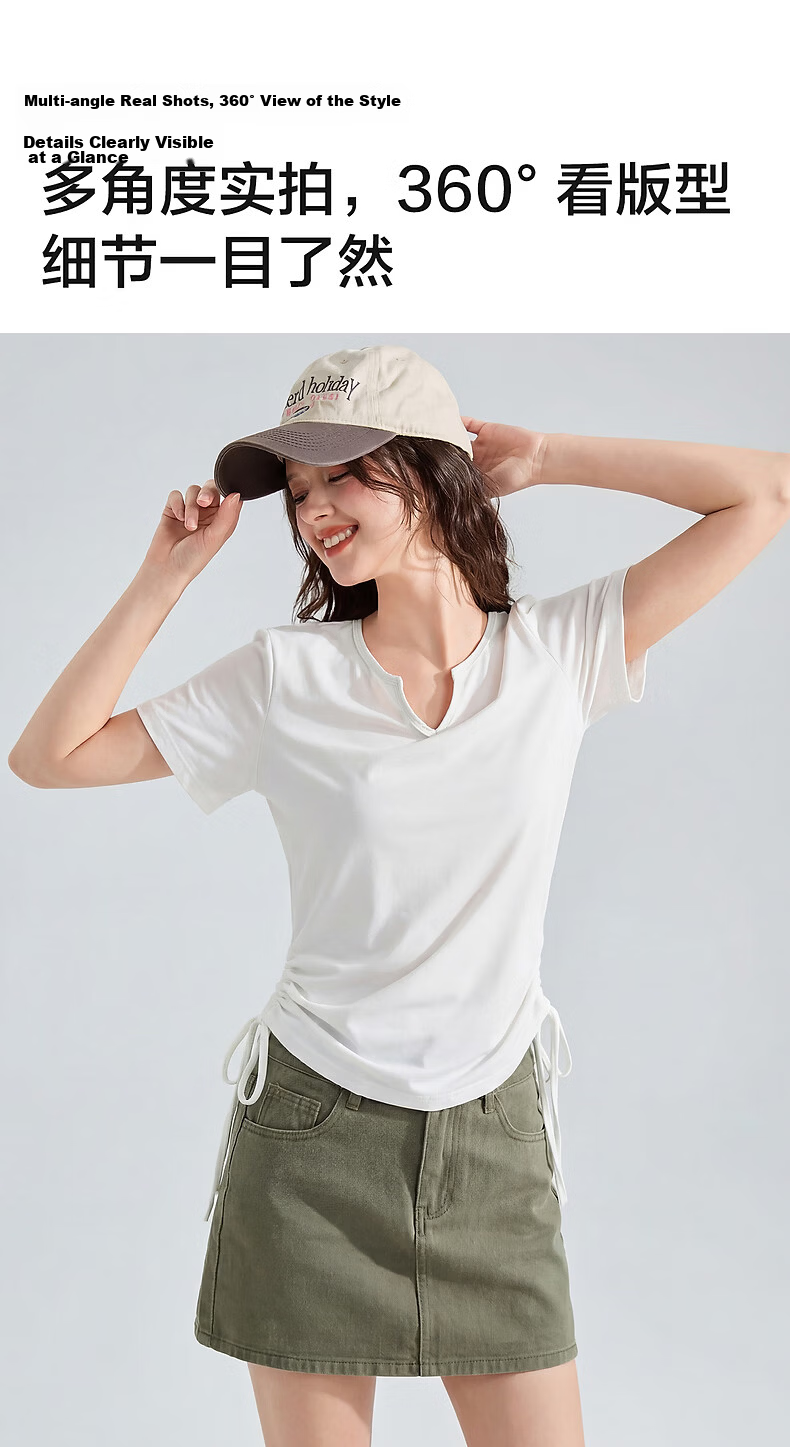 TonLion 2026 New Summer Women's Short Sleeve V-Neck Sports Style Sun Protection T-Shirt with Drawstring Waist Design White 8