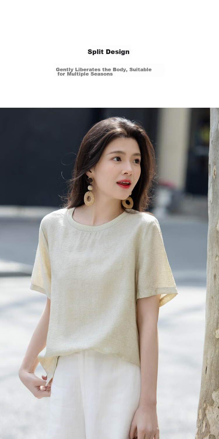 Demana Minimalist Light Summer Simple Knit Textured Round Neck Lightweight Loose Short Sleeve Shirt for Women 7