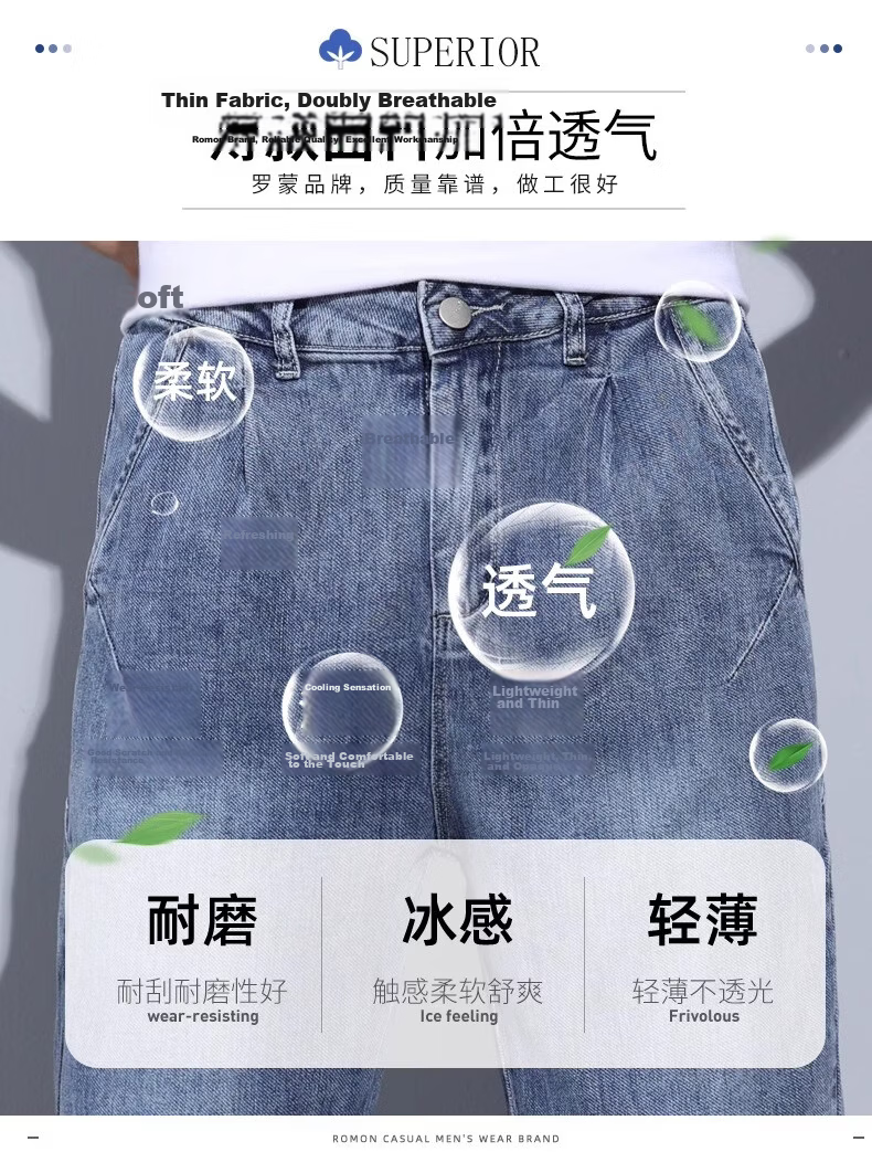 ROMON Men's Denim Shorts Summer Thin 7/8 Length Loose Straight-Leg Casual Pants 4
