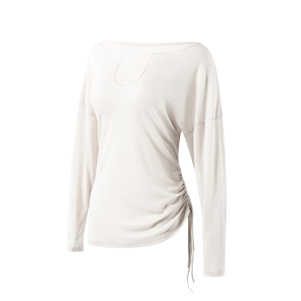 Langsha Loose Yoga Shirt Women V-Neck Tie Lazy Style Side Drawstring Running Sports Long Sleeve Fitness Top