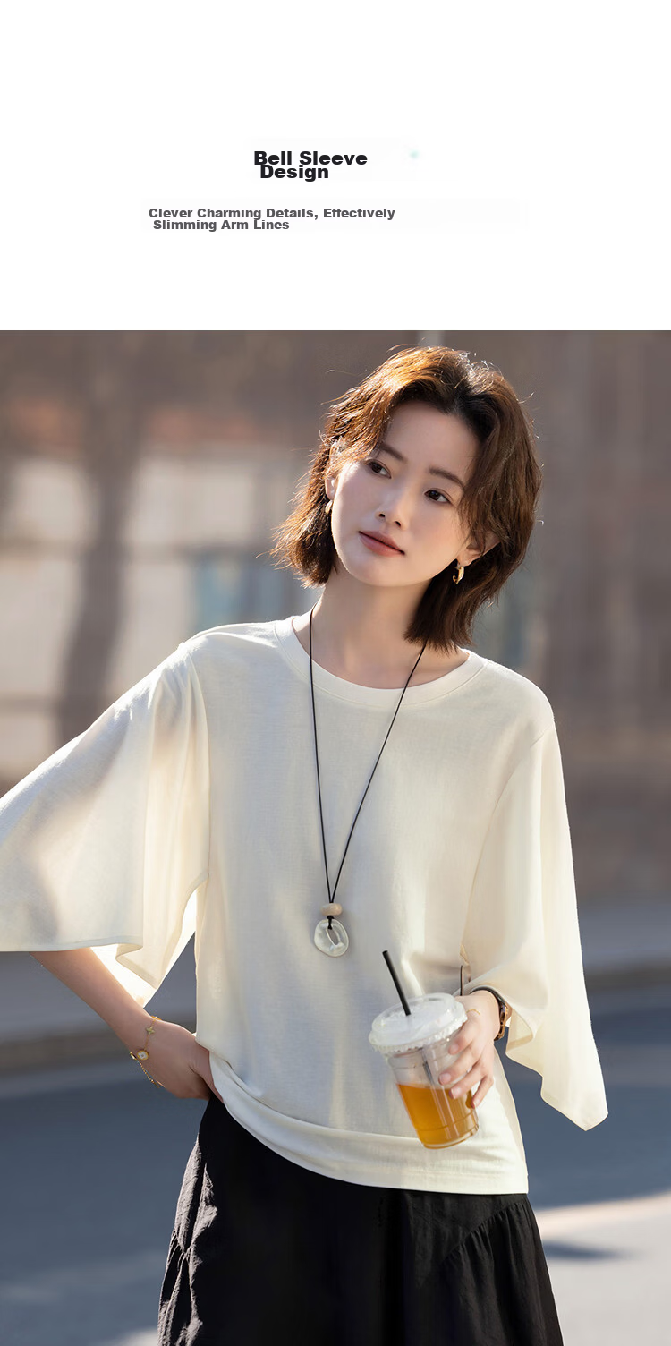 Demana [Lyocell] Summer Elegant Round Neck Three-Quarter Bell Sleeve Loose Slim Fit Petite T-Shirt for Women Premium Quality 7