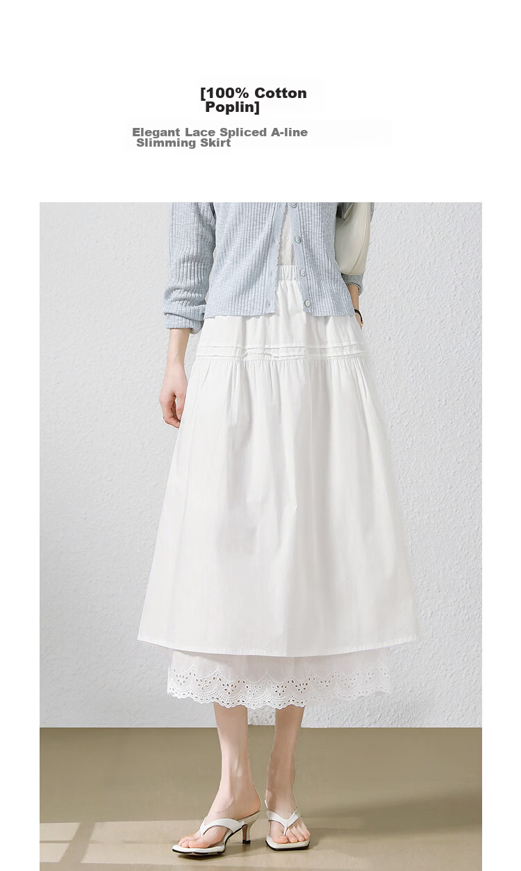 Demana [100% Cotton Poplin] Summer Elastic Waist Lace Splice Mid-Length Loose A-Line Slimming Skirt for Women Premium Quality 5