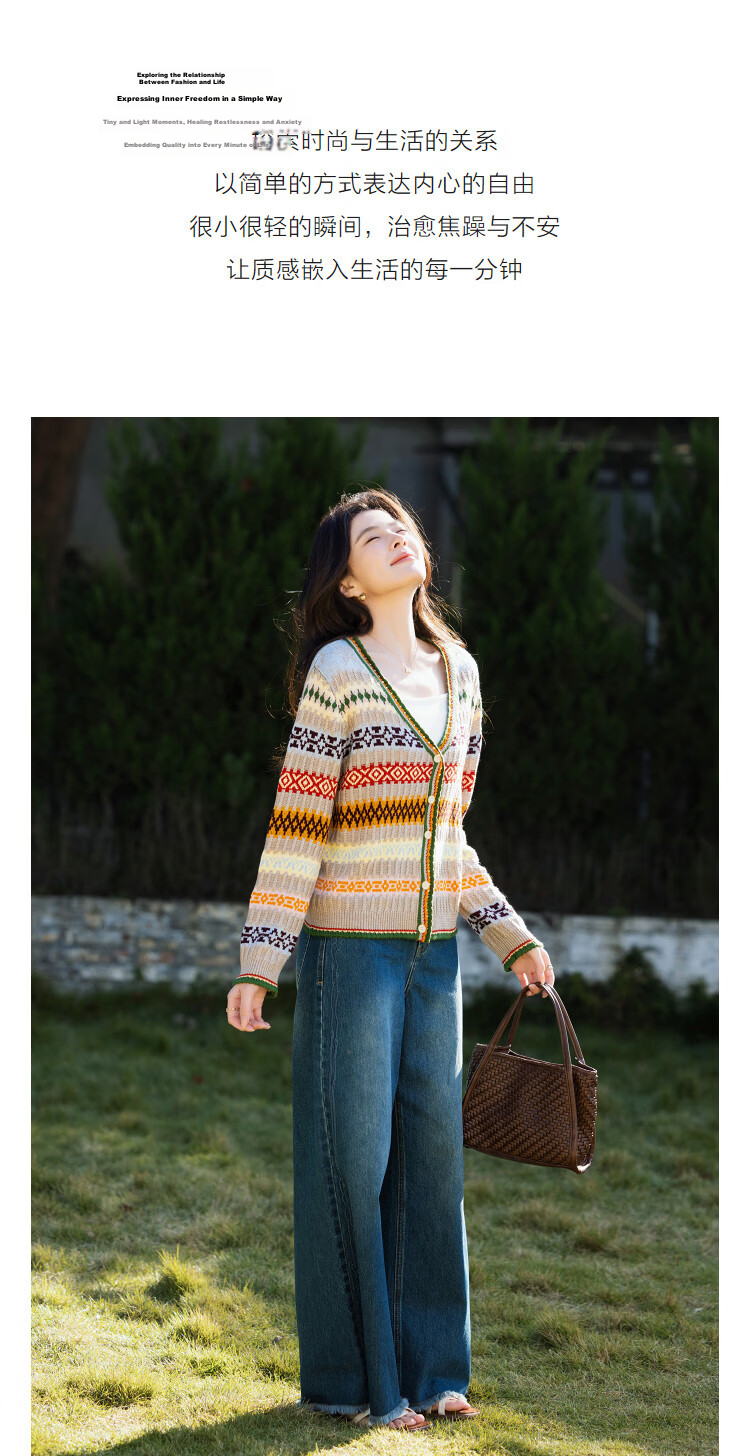 Demana Women's Spring V-Neck Wave Edge Color-Block Jacquard Knit Cardigan with Wool 6