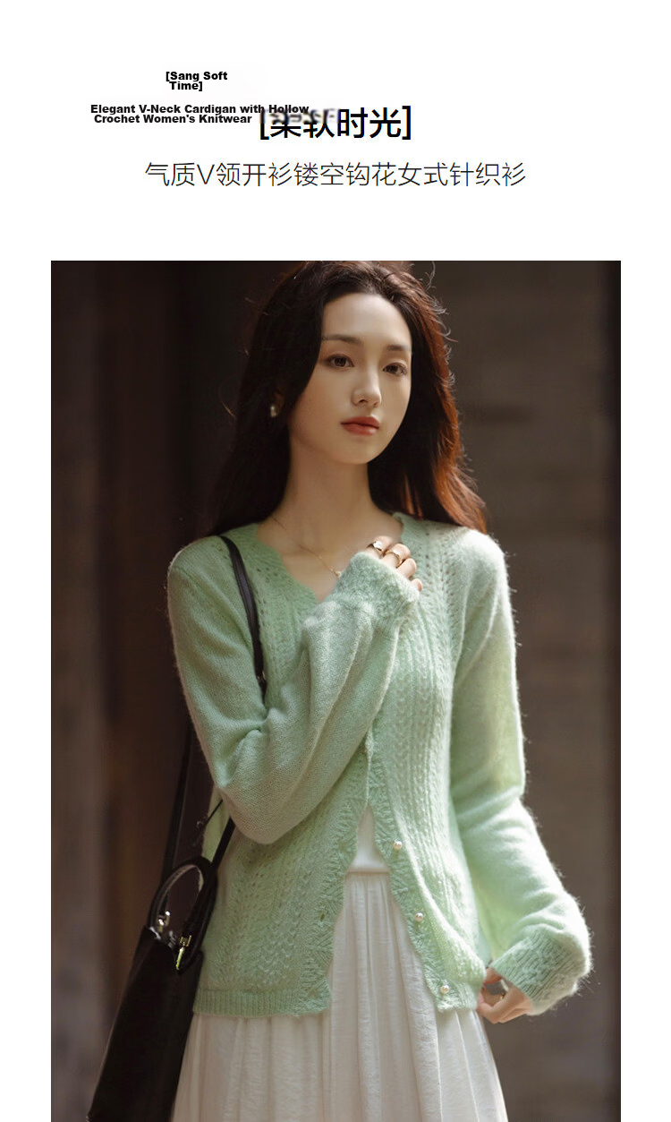 Demana Spring V-Neck Open Cardigan Hollow Crochet Slimming Knit Sweater with Wool and Mohair for Women 5