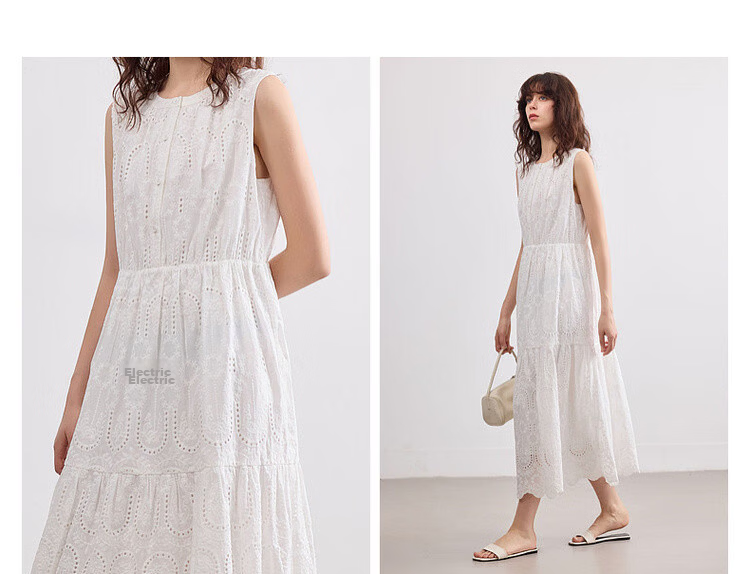 Demana [Cloud Breath Pure Cotton] Summer Artistic Fresh Heavy Embroidery Sleeveless Waist-Cinched A-Line Mid-Length Dress for Women 7