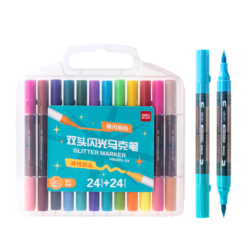 Deli 24pcs 48 Colors Student Dual-Ended Double-Color Markers Watercolor Pens Birthday Gift Waterproof Hand-Painted Fluorescent Markers New Year Graffiti Graduation Gift