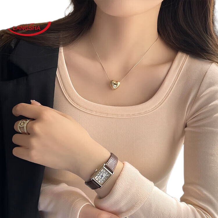 Langsha Square Neck Base Layer Women's Top, New Autumn And Winter Thickened Fleece Ribbed Long Sleeve Slim Fit Antibacterial Anti-Mite Inner Wear Top