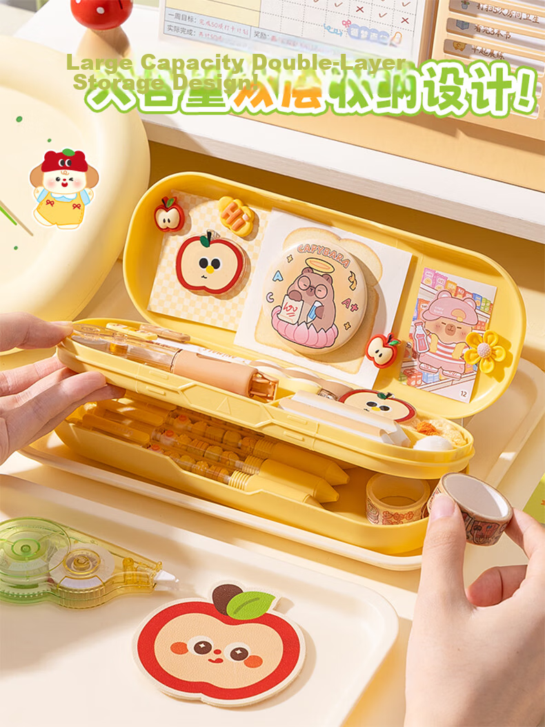Kabaxiong Bubble Ball Double-Layer Stationery Box Large Capacity Pencil Case for Boys and Girls Green Apple Cat 4