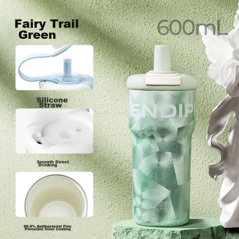 Haers Insulated Large Capacity Straw Cup Student High-Value Water Bottle Coffee Mug 600ml Fairy Green