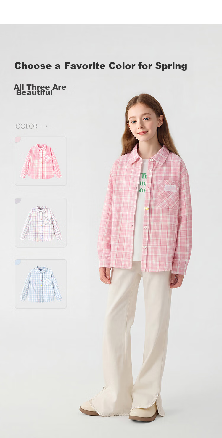 Balabala【balaOne】Kids Long Sleeve Shirt Girls 2026 Spring Plaid Fashion 4