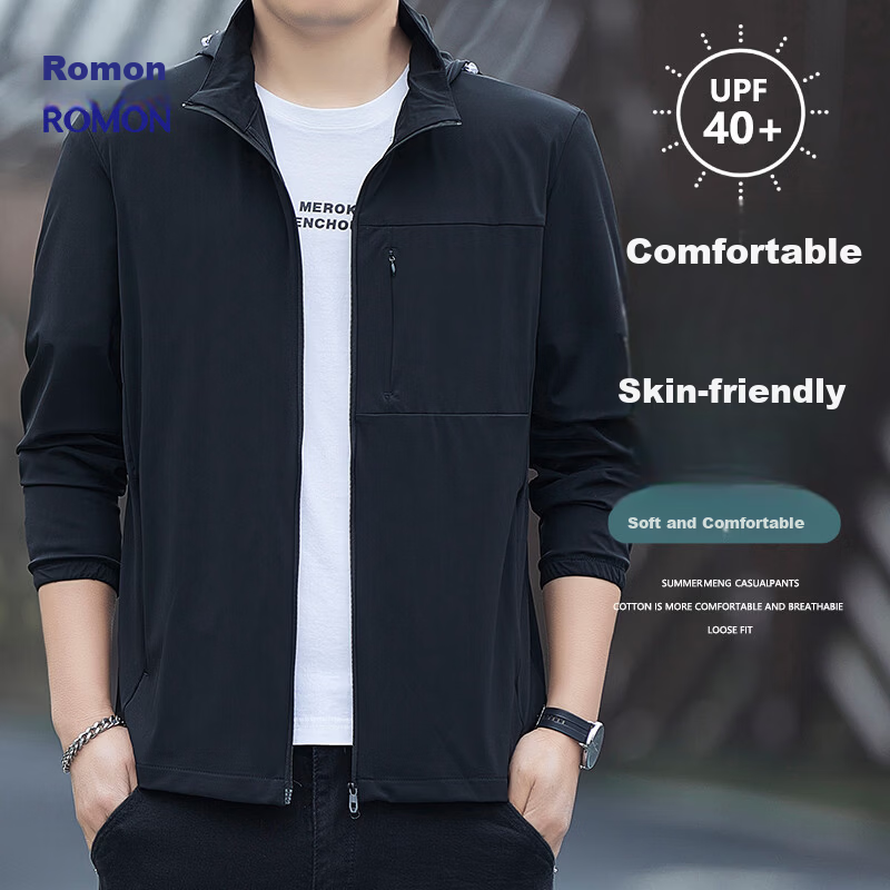 ROMON Men's Summer Ice Silk Quick-Dry Thin Breathable Casual Outdoor Sun Protection Jacket Fishing Coat 8189 Black L