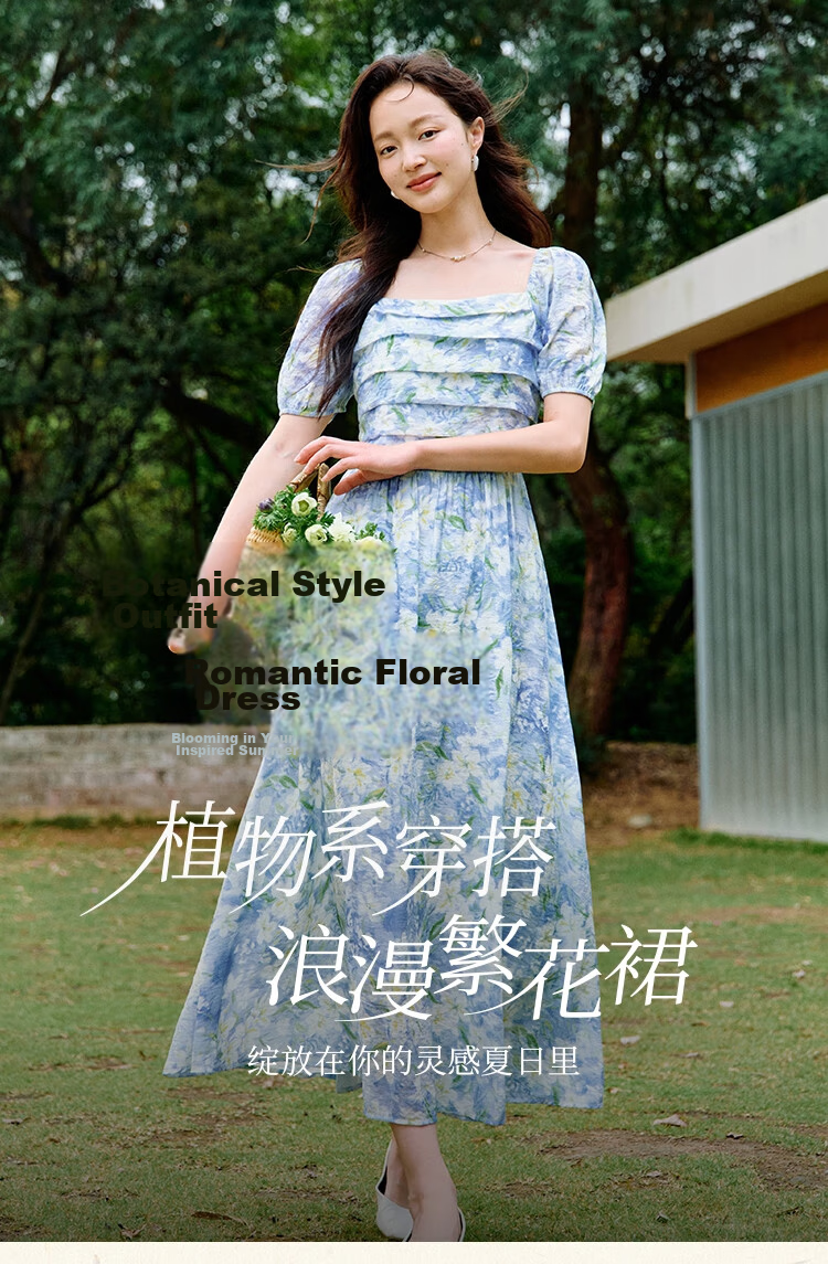 Inman Vacation Style Seaside Print Dress Summer Women's Square Neck Puff Sleeve Waist Cinched Long Dress Glaze Blue S 2
