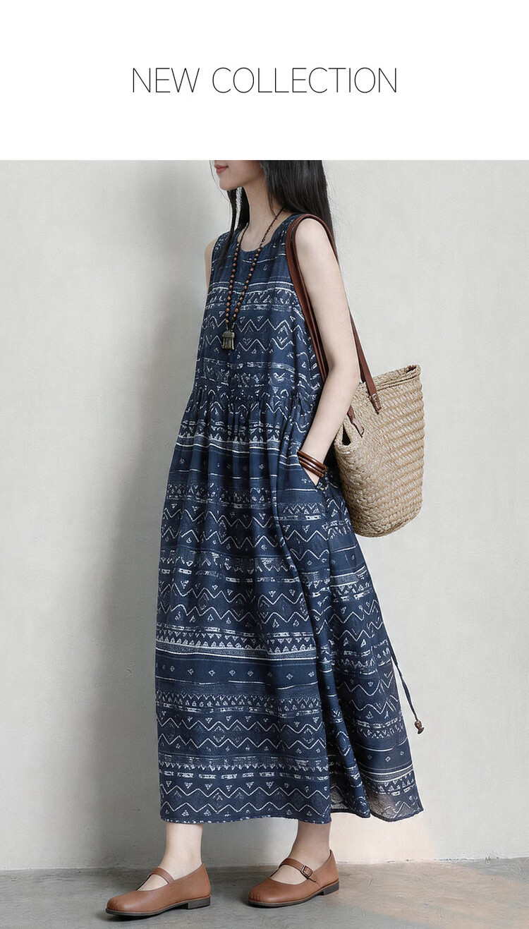 Demana [Artistic Forest Girl] Summer Ethnic Style Printed Round Neck Sleeveless Drawstring Slim Fit Dress for Women Premium Quality 1