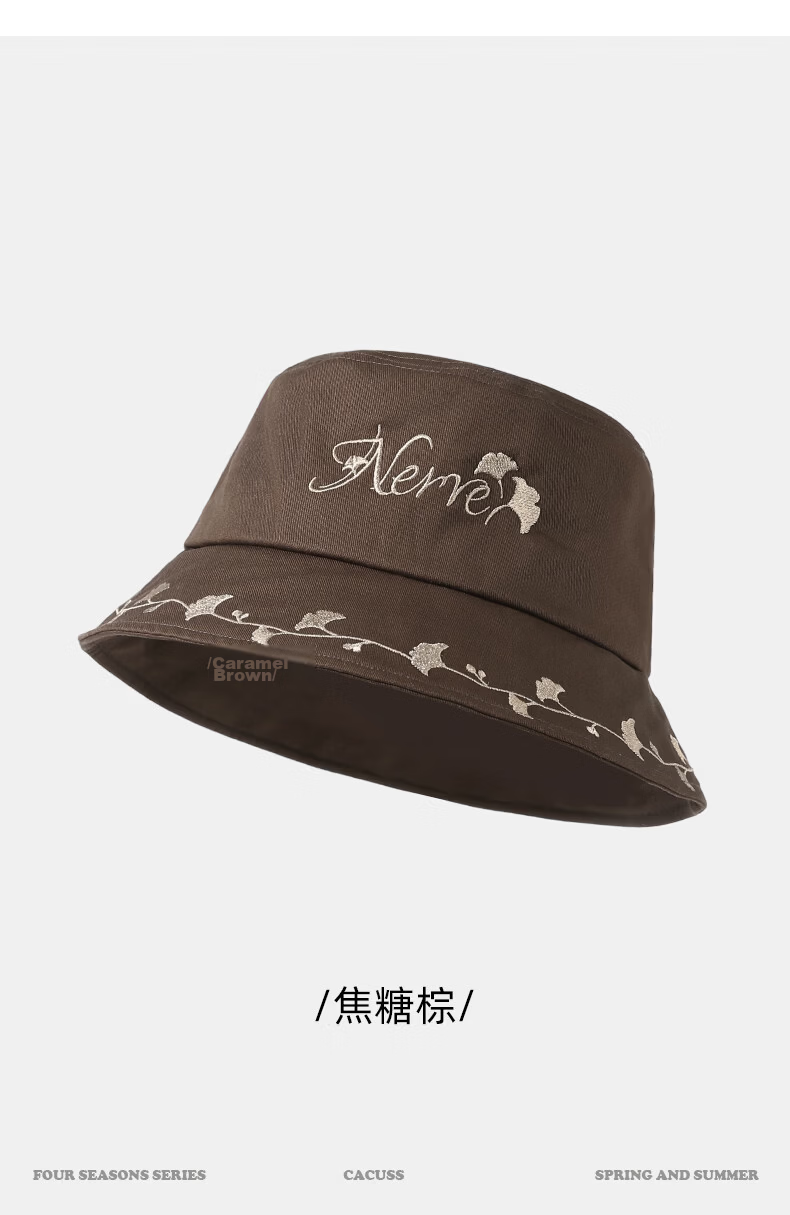 CACUSS Women's Summer Embroidered Bucket Hat Casual Face-Slimming Pure Cotton Sun Hat Caramel Brown 11